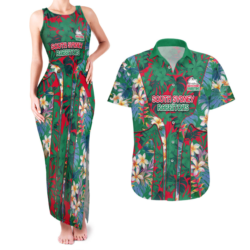 South Sydney Rabbitohs Couples Matching Tank Maxi Dress and Hawaiian Shirt Tropical Hibiscus Floral Pattern With Green And Red Accents