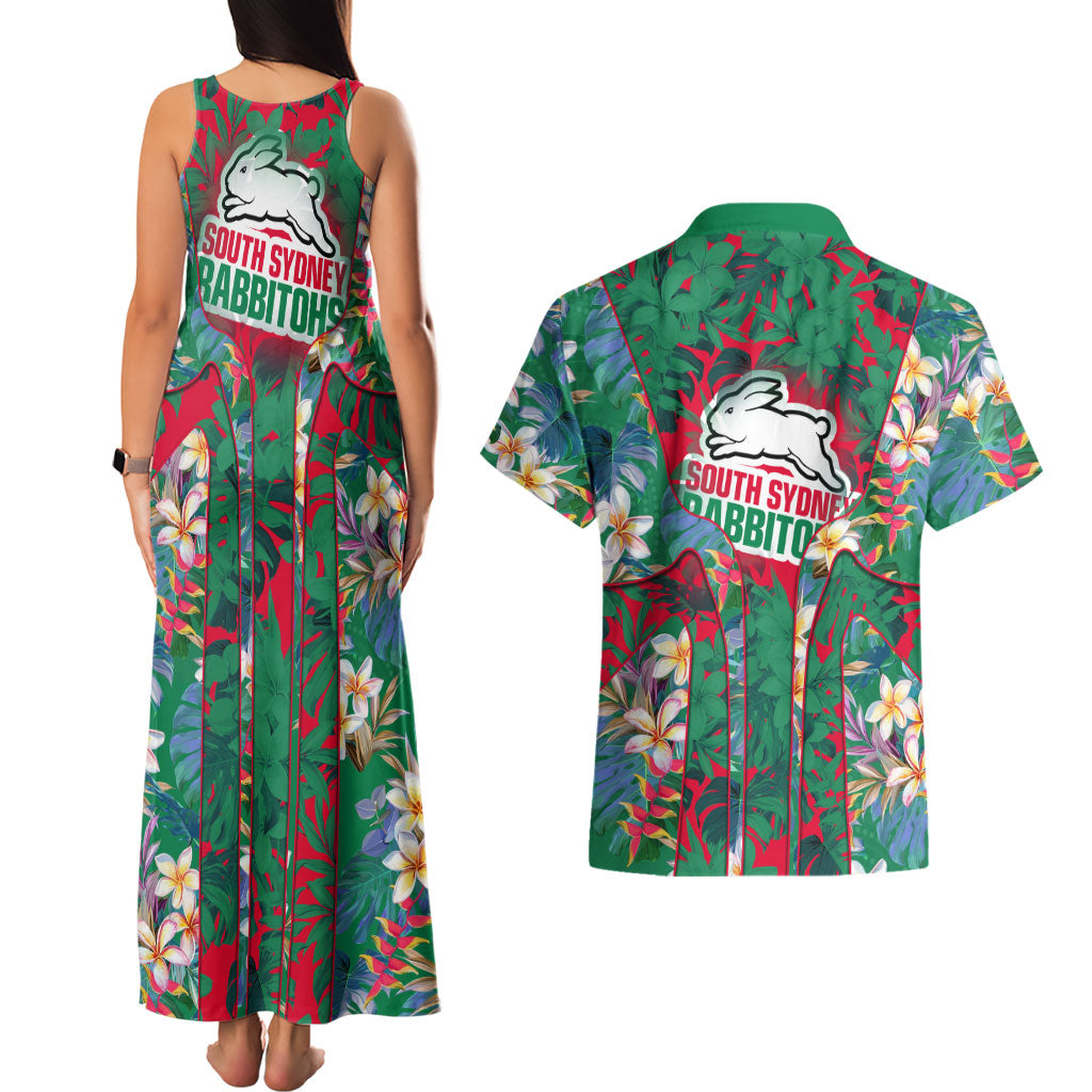 South Sydney Rabbitohs Couples Matching Tank Maxi Dress and Hawaiian Shirt Tropical Hibiscus Floral Pattern With Green And Red Accents