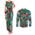 South Sydney Rabbitohs Couples Matching Tank Maxi Dress and Long Sleeve Button Shirt Tropical Hibiscus Floral Pattern With Green And Red Accents