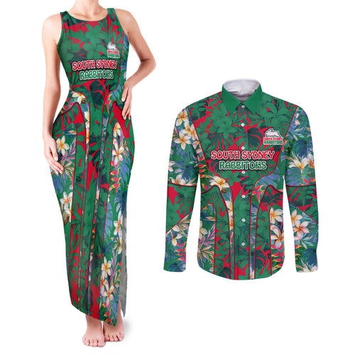 South Sydney Rabbitohs Couples Matching Tank Maxi Dress and Long Sleeve Button Shirt Tropical Hibiscus Floral Pattern With Green And Red Accents