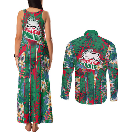 South Sydney Rabbitohs Couples Matching Tank Maxi Dress and Long Sleeve Button Shirt Tropical Hibiscus Floral Pattern With Green And Red Accents