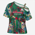 South Sydney Rabbitohs Cross Shoulder Shirt Tropical Hibiscus Floral Pattern With Green And Red Accents