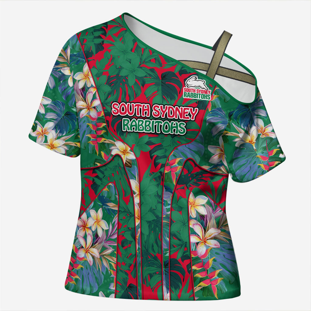 South Sydney Rabbitohs Cross Shoulder Shirt Tropical Hibiscus Floral Pattern With Green And Red Accents