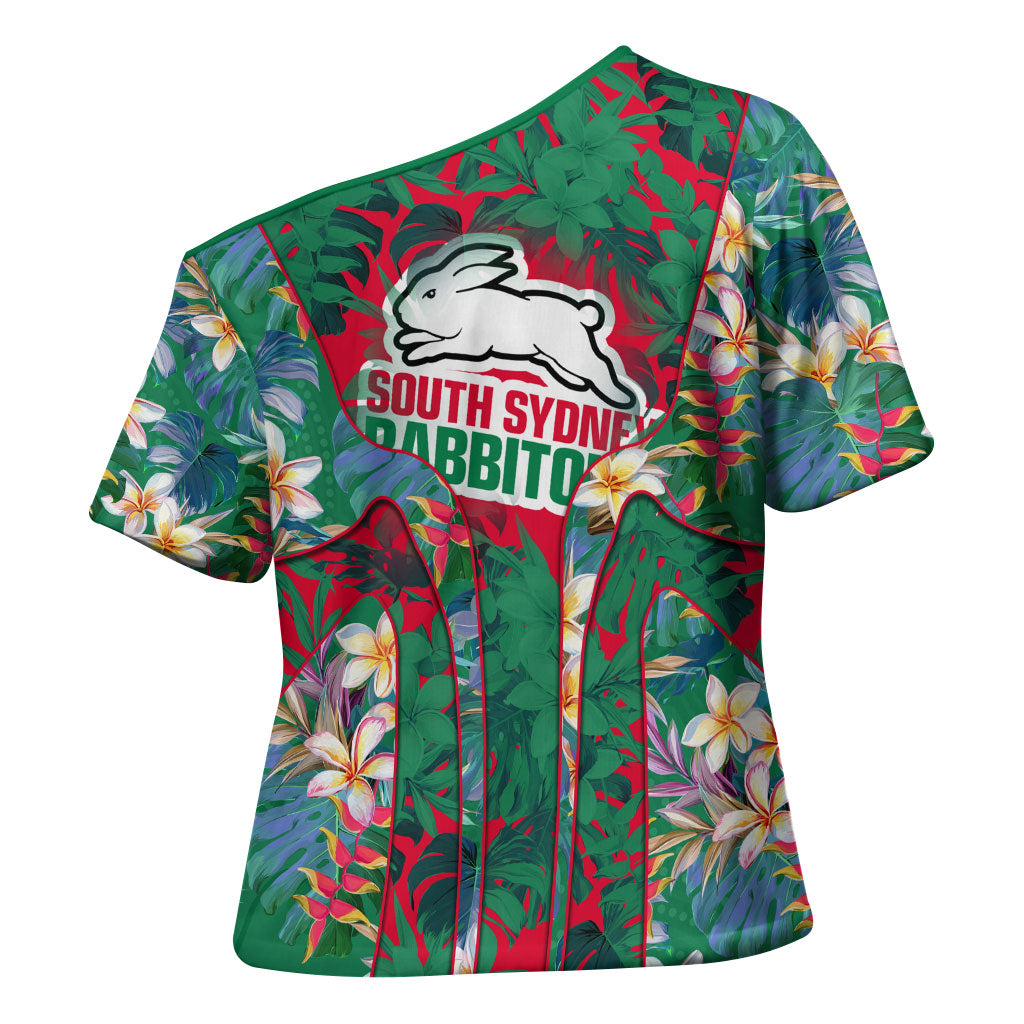 South Sydney Rabbitohs Cross Shoulder Shirt Tropical Hibiscus Floral Pattern With Green And Red Accents