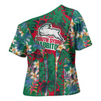 South Sydney Rabbitohs Cross Shoulder Shirt Tropical Hibiscus Floral Pattern With Green And Red Accents