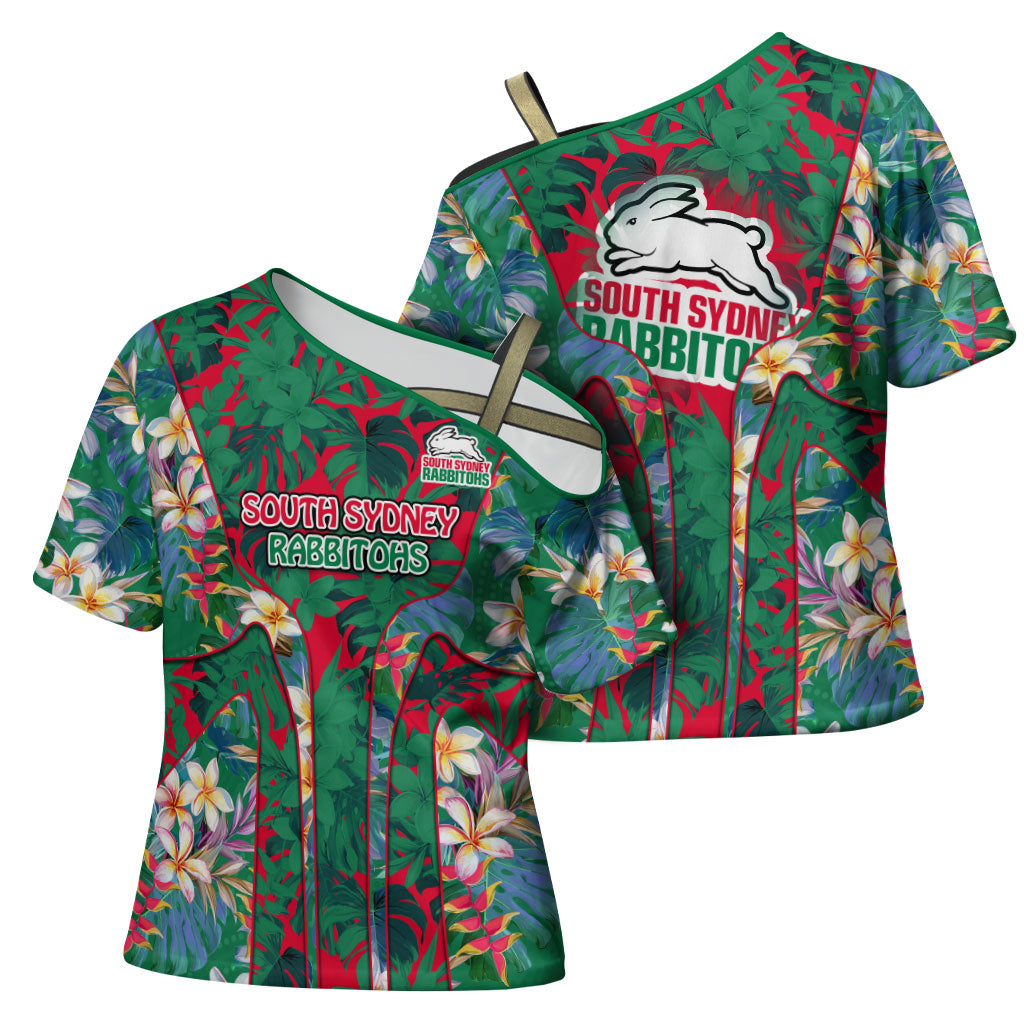 South Sydney Rabbitohs Cross Shoulder Shirt Tropical Hibiscus Floral Pattern With Green And Red Accents
