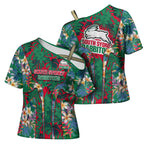 South Sydney Rabbitohs Cross Shoulder Shirt Tropical Hibiscus Floral Pattern With Green And Red Accents