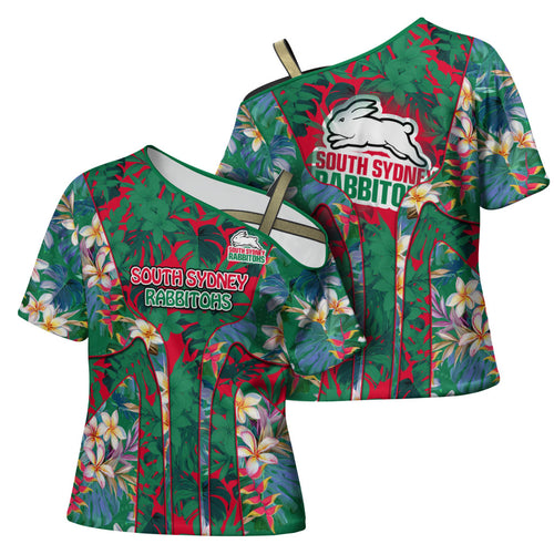 South Sydney Rabbitohs Cross Shoulder Shirt Tropical Hibiscus Floral Pattern With Green And Red Accents
