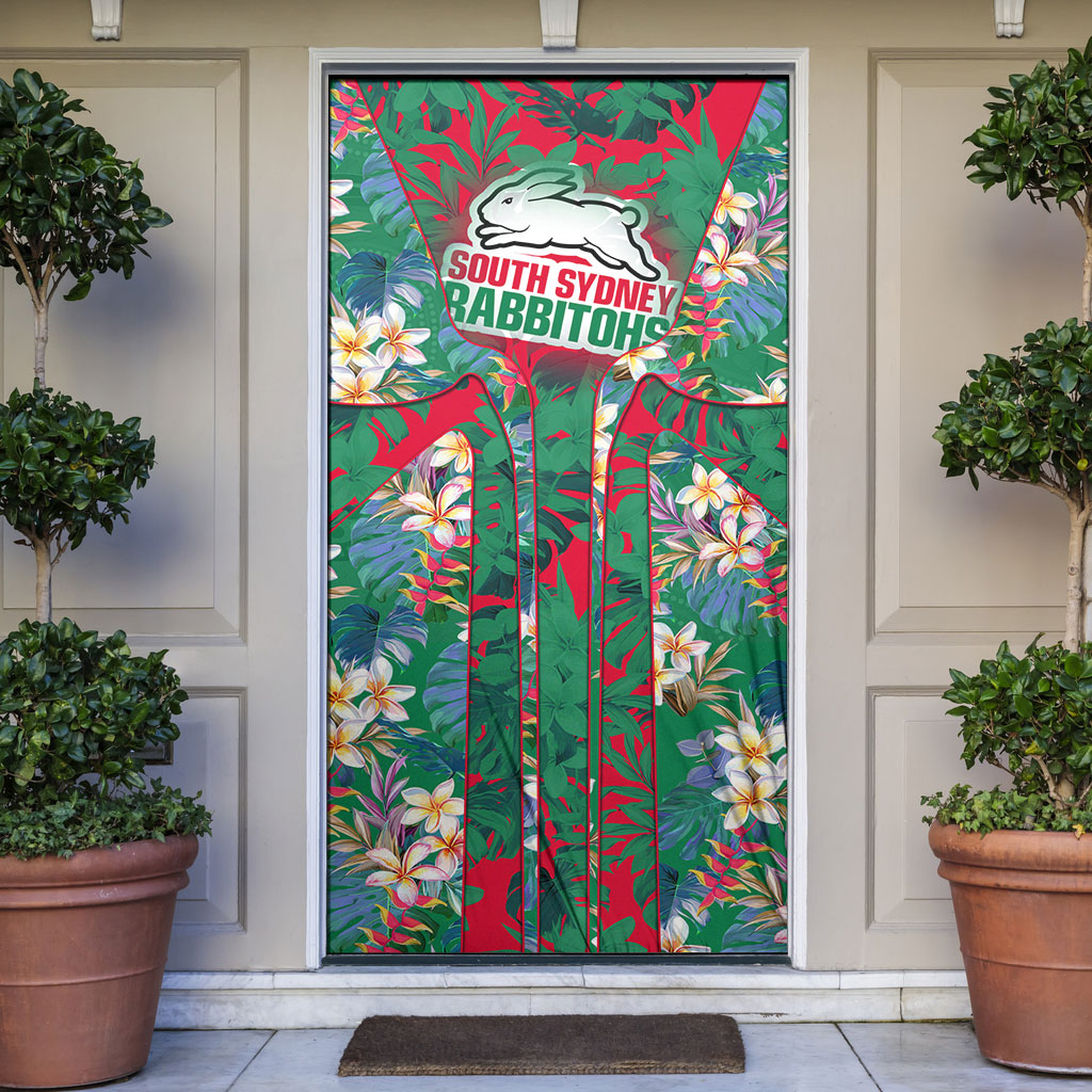 South Sydney Rabbitohs Door Cover Tropical Hibiscus Floral Pattern With Green And Red Accents