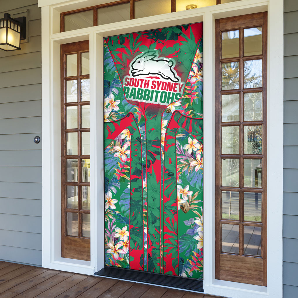 South Sydney Rabbitohs Door Cover Tropical Hibiscus Floral Pattern With Green And Red Accents