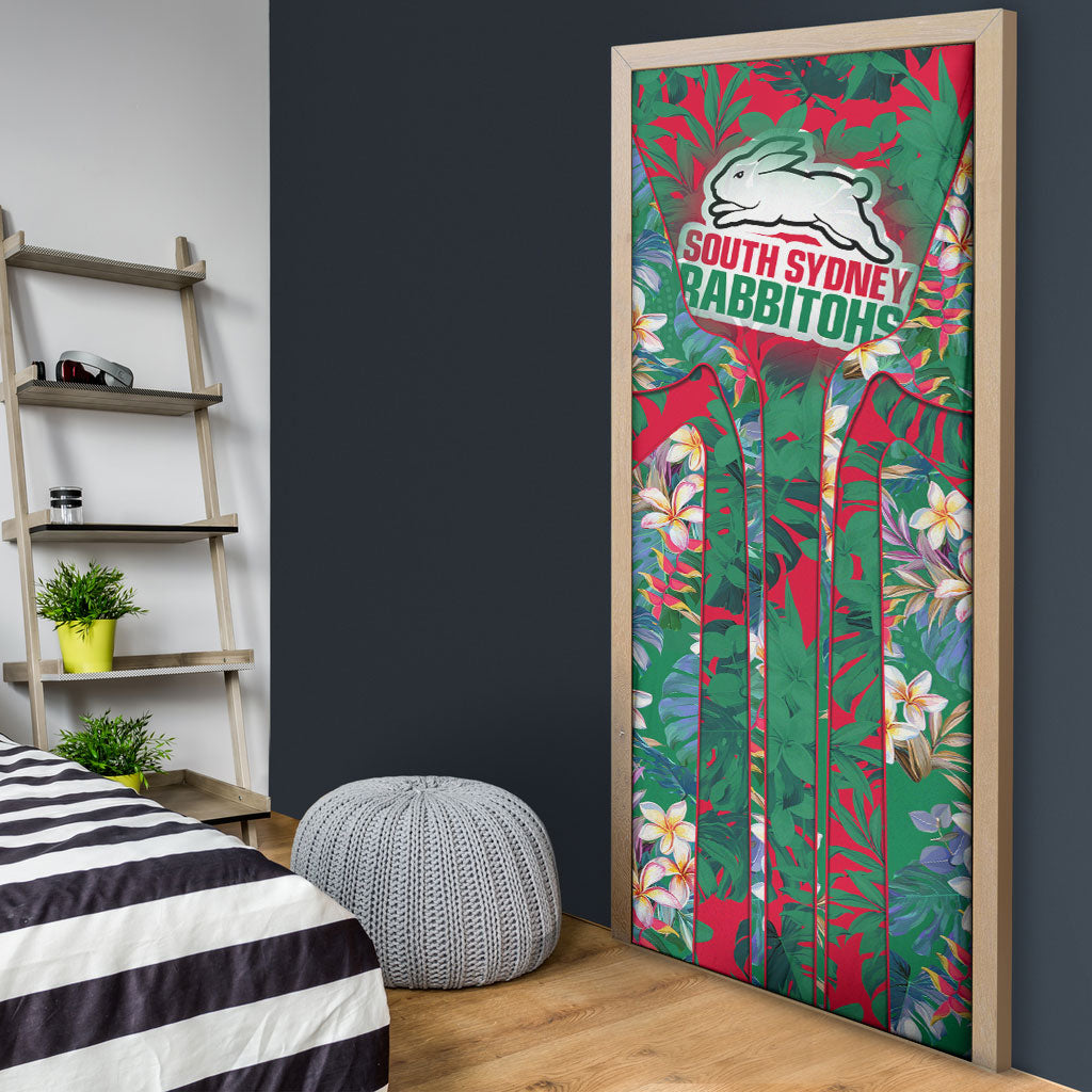 South Sydney Rabbitohs Door Cover Tropical Hibiscus Floral Pattern With Green And Red Accents