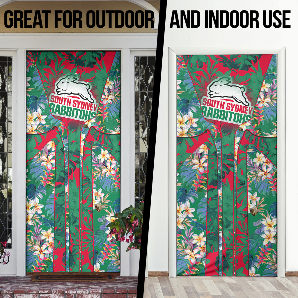 South Sydney Rabbitohs Door Cover Tropical Hibiscus Floral Pattern With Green And Red Accents