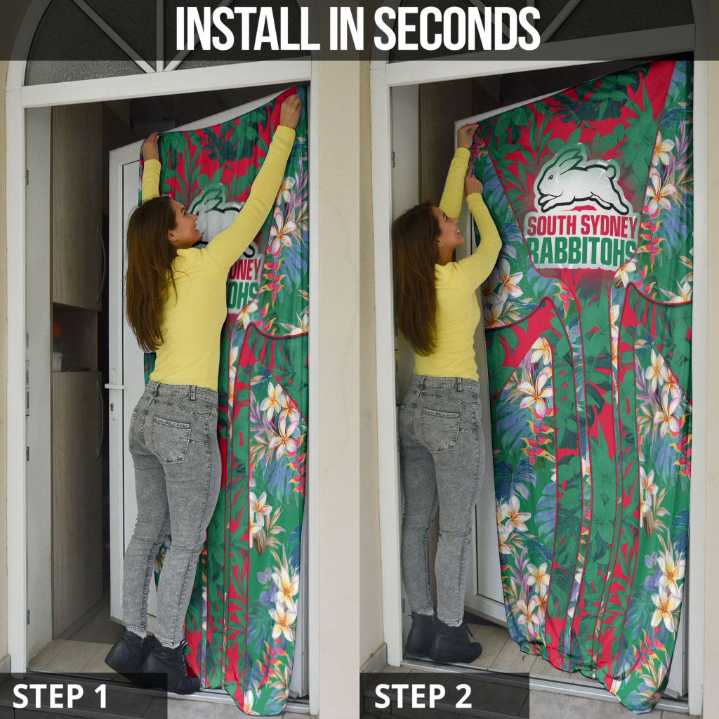 South Sydney Rabbitohs Door Cover Tropical Hibiscus Floral Pattern With Green And Red Accents