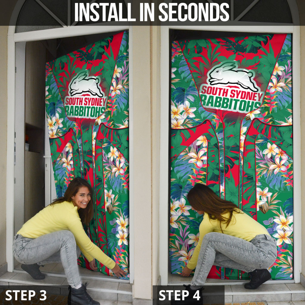 South Sydney Rabbitohs Door Cover Tropical Hibiscus Floral Pattern With Green And Red Accents
