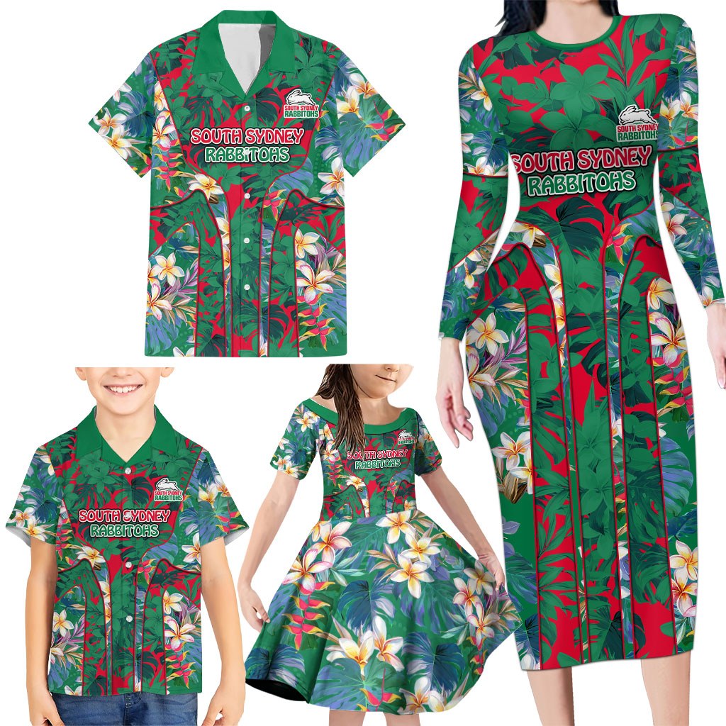 South Sydney Rabbitohs Family Matching Long Sleeve Bodycon Dress and Hawaiian Shirt Tropical Hibiscus Floral Pattern With Green And Red Accents