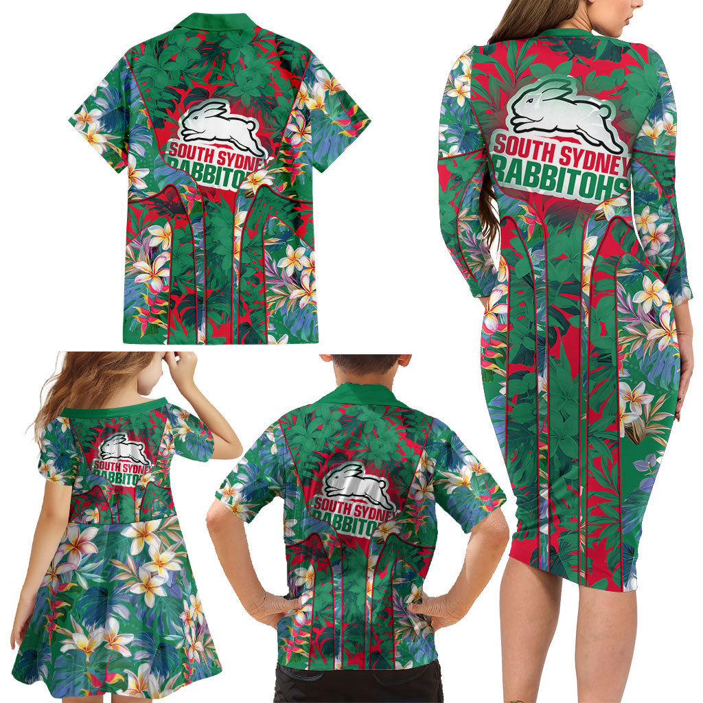 South Sydney Rabbitohs Family Matching Long Sleeve Bodycon Dress and Hawaiian Shirt Tropical Hibiscus Floral Pattern With Green And Red Accents