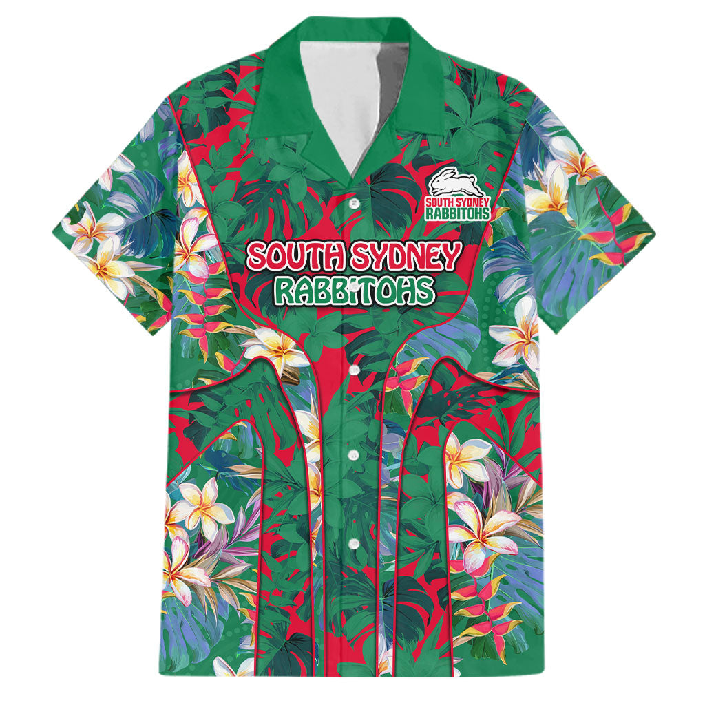 South Sydney Rabbitohs Family Matching Long Sleeve Bodycon Dress and Hawaiian Shirt Tropical Hibiscus Floral Pattern With Green And Red Accents