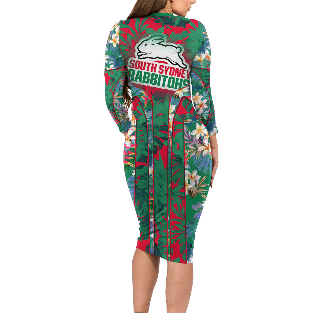 South Sydney Rabbitohs Family Matching Long Sleeve Bodycon Dress and Hawaiian Shirt Tropical Hibiscus Floral Pattern With Green And Red Accents