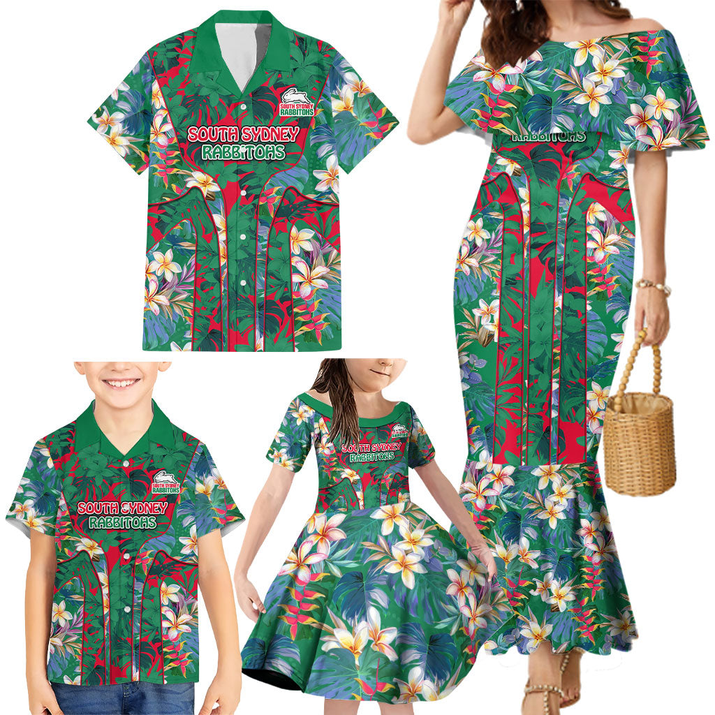 South Sydney Rabbitohs Family Matching Mermaid Dress and Hawaiian Shirt Tropical Hibiscus Floral Pattern With Green And Red Accents