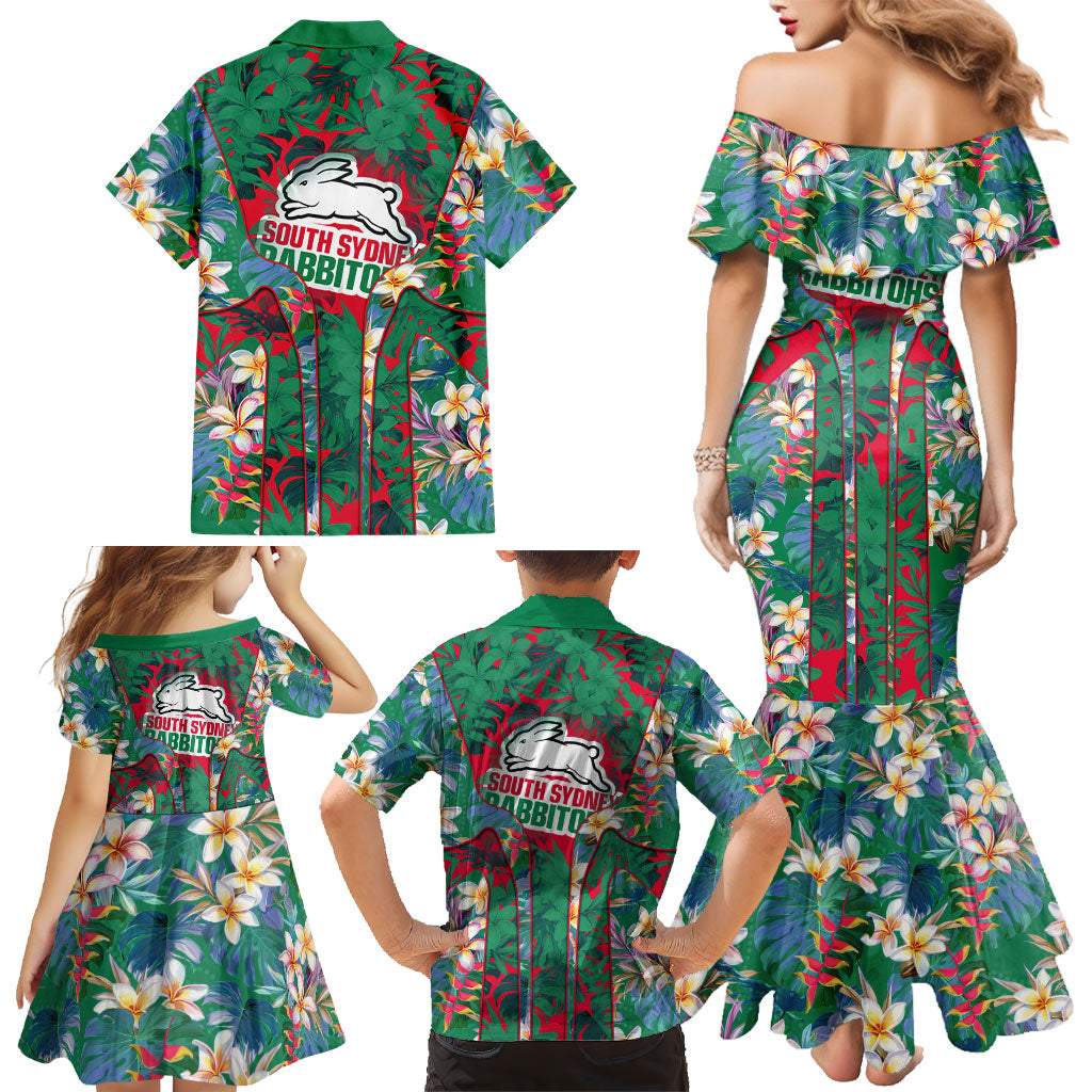 South Sydney Rabbitohs Family Matching Mermaid Dress and Hawaiian Shirt Tropical Hibiscus Floral Pattern With Green And Red Accents
