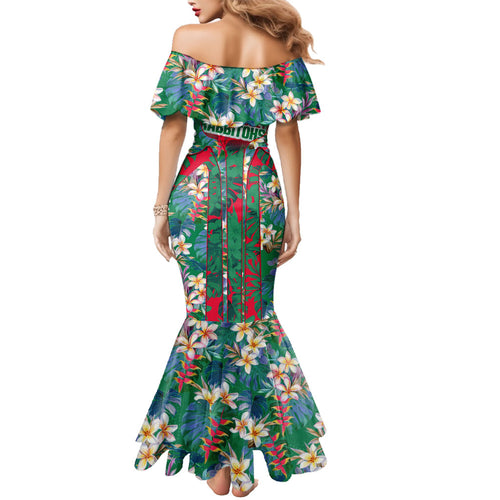 South Sydney Rabbitohs Family Matching Mermaid Dress and Hawaiian Shirt Tropical Hibiscus Floral Pattern With Green And Red Accents