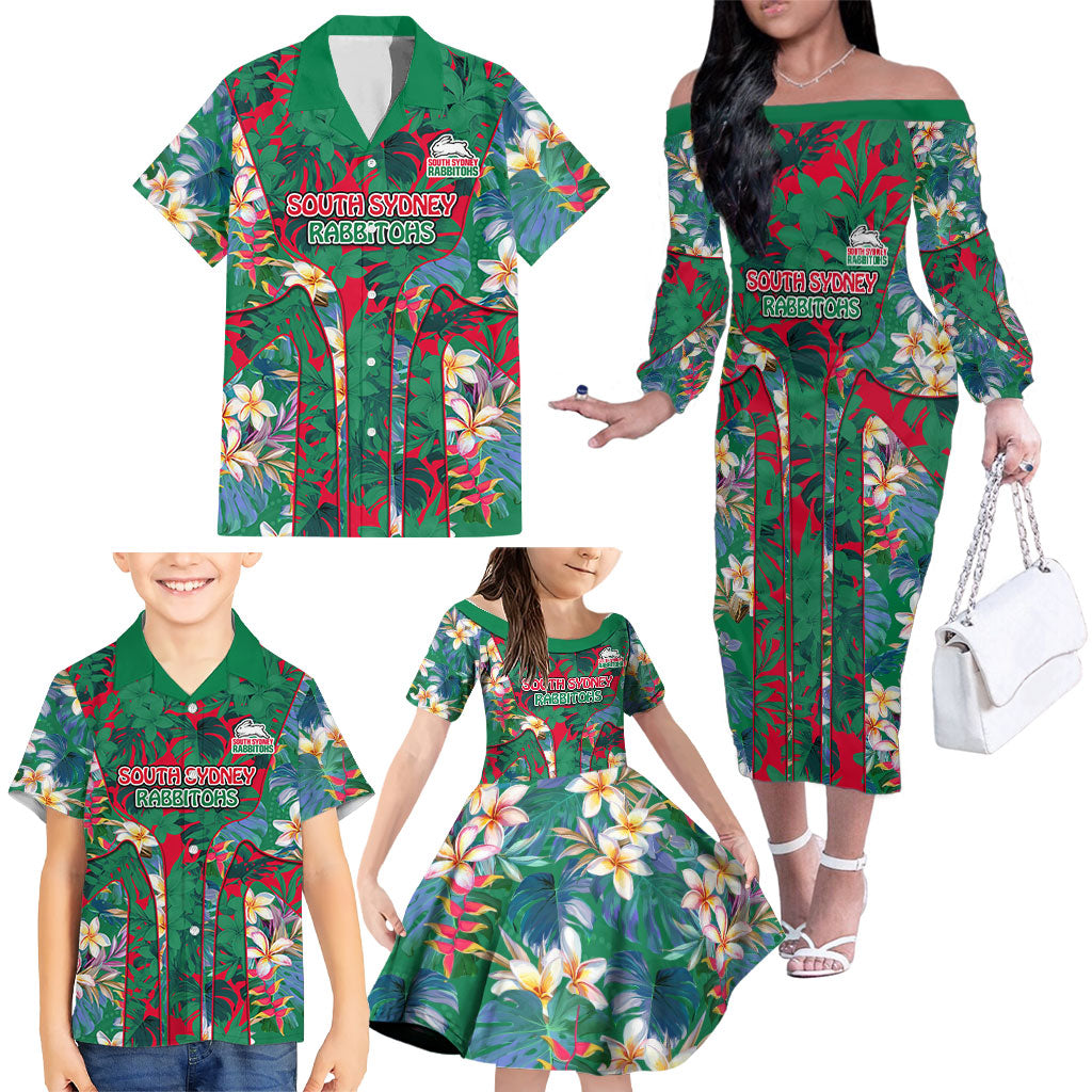 South Sydney Rabbitohs Family Matching Off The Shoulder Long Sleeve Dress and Hawaiian Shirt Tropical Hibiscus Floral Pattern With Green And Red Accents