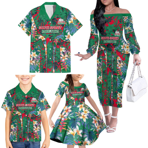 South Sydney Rabbitohs Family Matching Off The Shoulder Long Sleeve Dress and Hawaiian Shirt Tropical Hibiscus Floral Pattern With Green And Red Accents