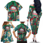 South Sydney Rabbitohs Family Matching Off The Shoulder Long Sleeve Dress and Hawaiian Shirt Tropical Hibiscus Floral Pattern With Green And Red Accents