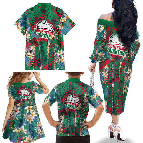 South Sydney Rabbitohs Family Matching Off The Shoulder Long Sleeve Dress and Hawaiian Shirt Tropical Hibiscus Floral Pattern With Green And Red Accents