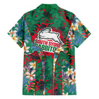 South Sydney Rabbitohs Family Matching Off The Shoulder Long Sleeve Dress and Hawaiian Shirt Tropical Hibiscus Floral Pattern With Green And Red Accents