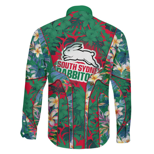 South Sydney Rabbitohs Family Matching Off The Shoulder Long Sleeve Dress and Hawaiian Shirt Tropical Hibiscus Floral Pattern With Green And Red Accents