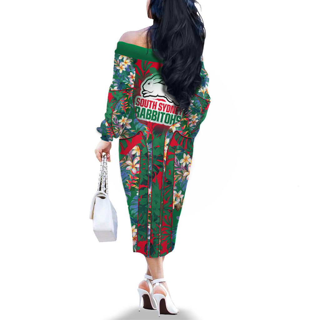 South Sydney Rabbitohs Family Matching Off The Shoulder Long Sleeve Dress and Hawaiian Shirt Tropical Hibiscus Floral Pattern With Green And Red Accents