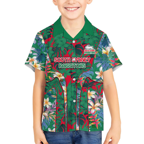 South Sydney Rabbitohs Family Matching Off The Shoulder Long Sleeve Dress and Hawaiian Shirt Tropical Hibiscus Floral Pattern With Green And Red Accents