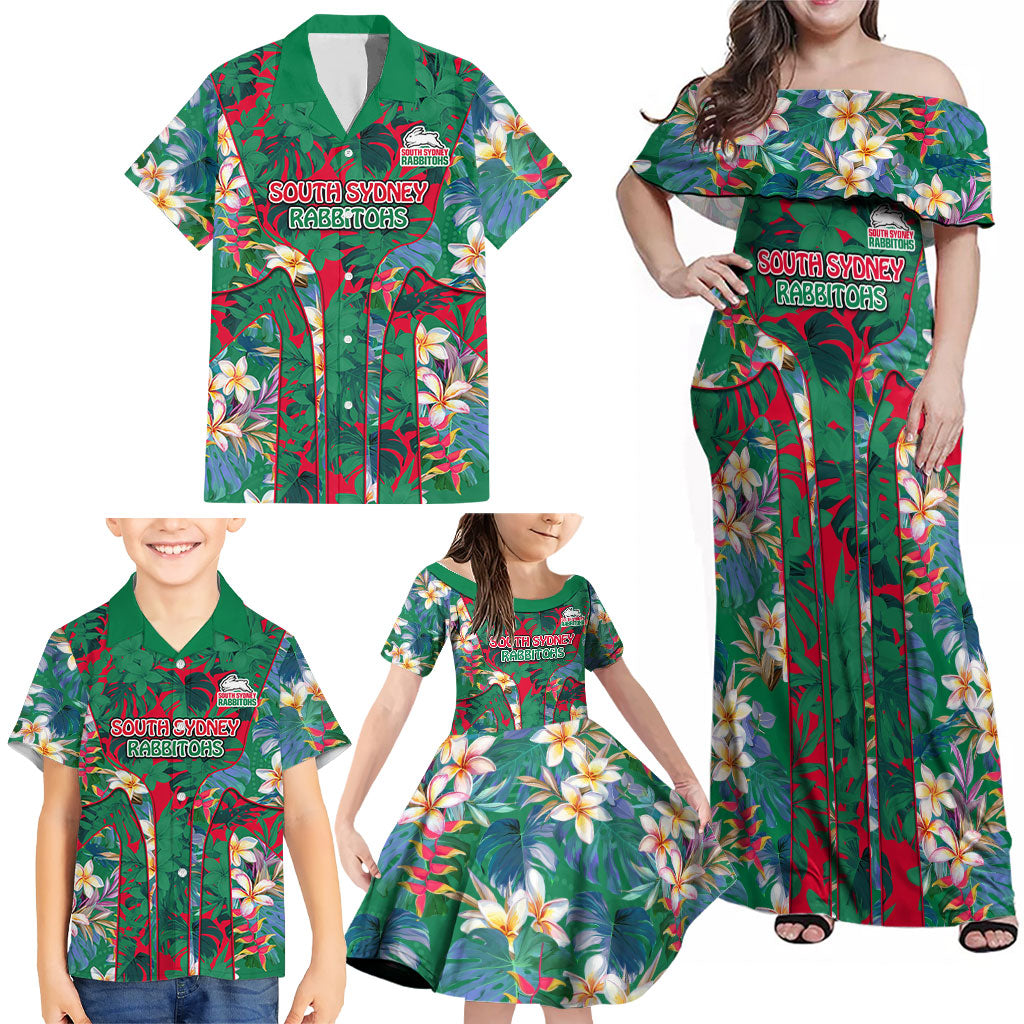 South Sydney Rabbitohs Family Matching Off Shoulder Maxi Dress and Hawaiian Shirt Tropical Hibiscus Floral Pattern With Green And Red Accents