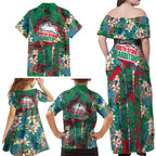 South Sydney Rabbitohs Family Matching Off Shoulder Maxi Dress and Hawaiian Shirt Tropical Hibiscus Floral Pattern With Green And Red Accents