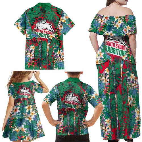 South Sydney Rabbitohs Family Matching Off Shoulder Maxi Dress and Hawaiian Shirt Tropical Hibiscus Floral Pattern With Green And Red Accents