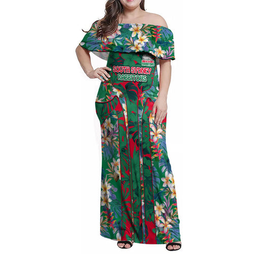 South Sydney Rabbitohs Family Matching Off Shoulder Maxi Dress and Hawaiian Shirt Tropical Hibiscus Floral Pattern With Green And Red Accents