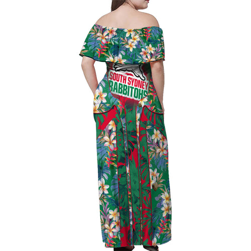 South Sydney Rabbitohs Family Matching Off Shoulder Maxi Dress and Hawaiian Shirt Tropical Hibiscus Floral Pattern With Green And Red Accents
