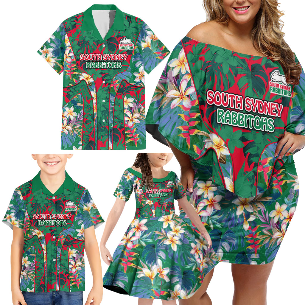 South Sydney Rabbitohs Family Matching Off Shoulder Short Dress and Hawaiian Shirt Tropical Hibiscus Floral Pattern With Green And Red Accents