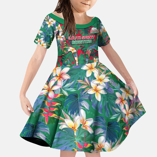 South Sydney Rabbitohs Family Matching Off Shoulder Short Dress and Hawaiian Shirt Tropical Hibiscus Floral Pattern With Green And Red Accents