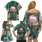 South Sydney Rabbitohs Family Matching Off Shoulder Short Dress and Hawaiian Shirt Tropical Hibiscus Floral Pattern With Green And Red Accents