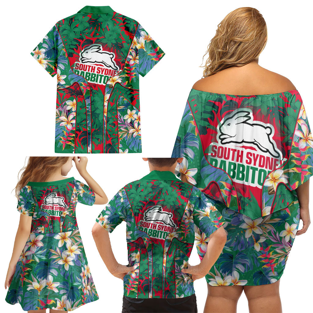 South Sydney Rabbitohs Family Matching Off Shoulder Short Dress and Hawaiian Shirt Tropical Hibiscus Floral Pattern With Green And Red Accents