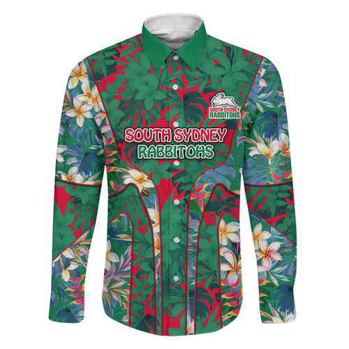 South Sydney Rabbitohs Family Matching Off Shoulder Short Dress and Hawaiian Shirt Tropical Hibiscus Floral Pattern With Green And Red Accents