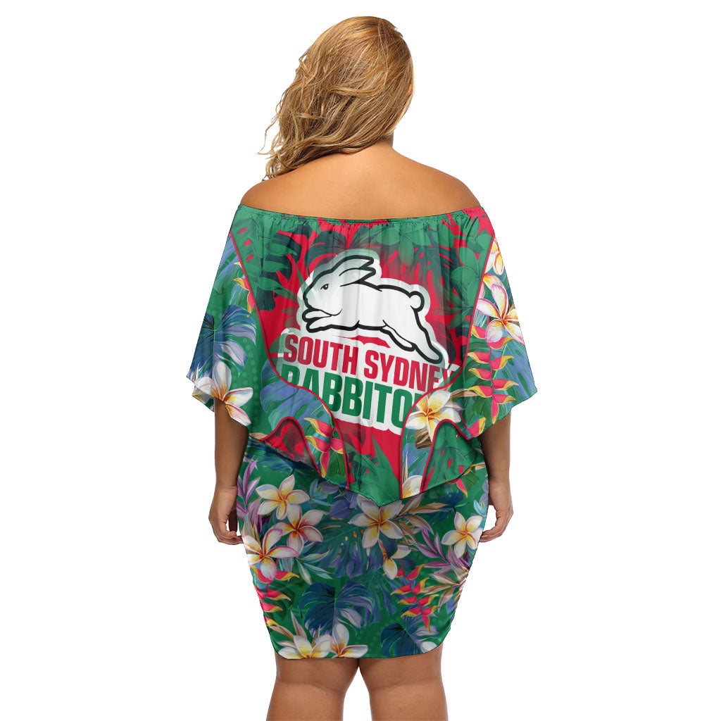 South Sydney Rabbitohs Family Matching Off Shoulder Short Dress and Hawaiian Shirt Tropical Hibiscus Floral Pattern With Green And Red Accents