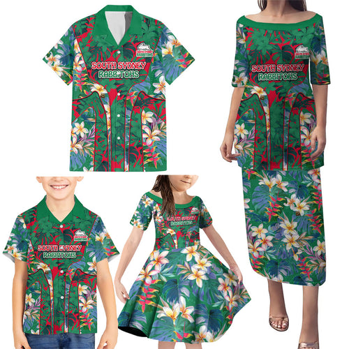 South Sydney Rabbitohs Family Matching Puletasi and Hawaiian Shirt Tropical Hibiscus Floral Pattern With Green And Red Accents