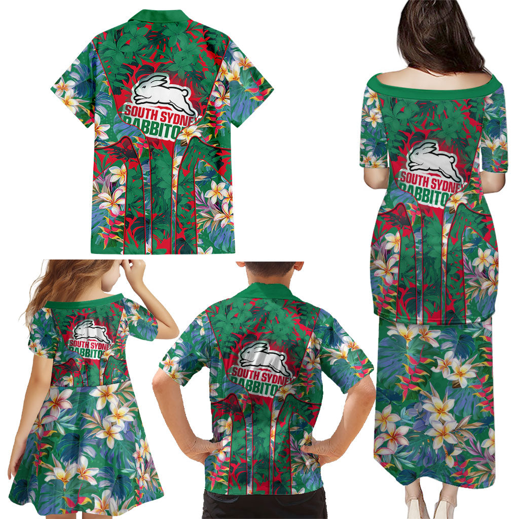 South Sydney Rabbitohs Family Matching Puletasi and Hawaiian Shirt Tropical Hibiscus Floral Pattern With Green And Red Accents