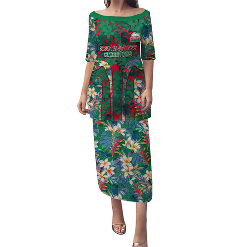South Sydney Rabbitohs Family Matching Puletasi and Hawaiian Shirt Tropical Hibiscus Floral Pattern With Green And Red Accents
