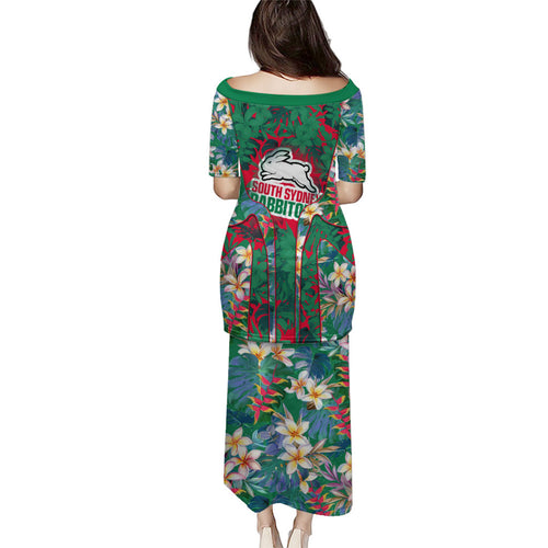 South Sydney Rabbitohs Family Matching Puletasi and Hawaiian Shirt Tropical Hibiscus Floral Pattern With Green And Red Accents