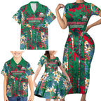 South Sydney Rabbitohs Family Matching Short Sleeve Bodycon Dress and Hawaiian Shirt Tropical Hibiscus Floral Pattern With Green And Red Accents