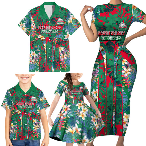 South Sydney Rabbitohs Family Matching Short Sleeve Bodycon Dress and Hawaiian Shirt Tropical Hibiscus Floral Pattern With Green And Red Accents